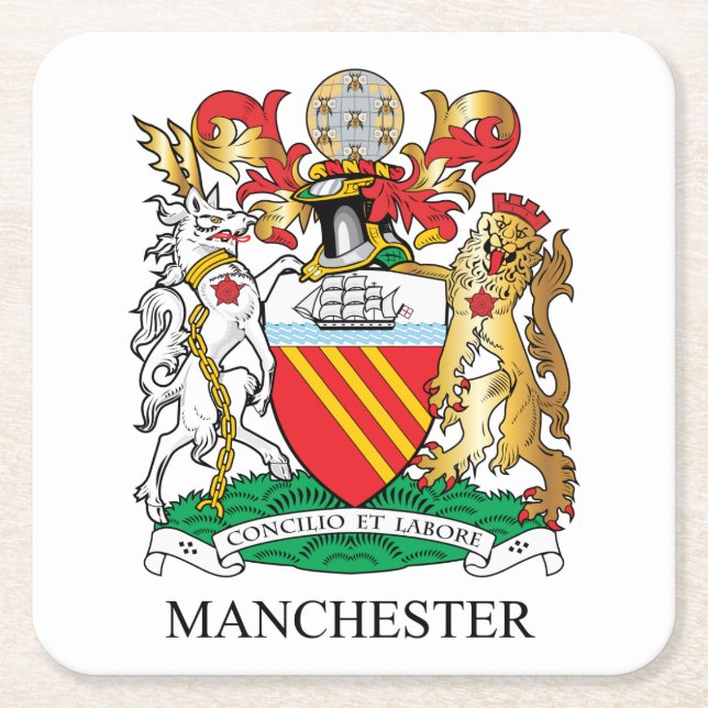 Manchester coat of arms square paper coaster (Front)