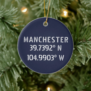 Manchester England Latitude Longitude Ceramic Tree Decoration