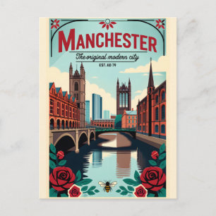 Manchester England Retro Travel Poster Art Postcard