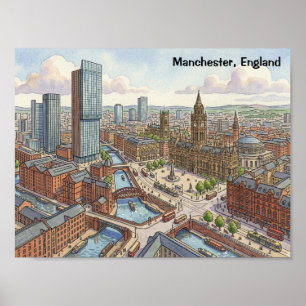Manchester England Watercolor Illustration Poster