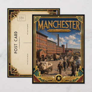 Manchester New Hampshire Vintage Art Deco Golden Postcard