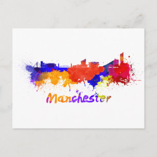 Manchester skyline in watercolor postcard