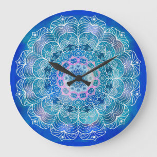 Mandala 12 Blue Teal on blue Background -  Large Clock