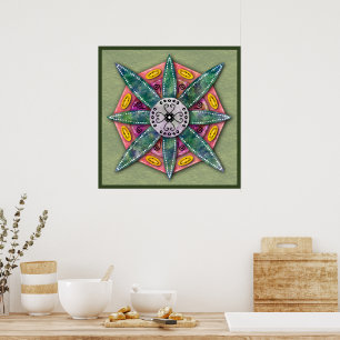 Mandala 8 green Flower petals on olive Poster
