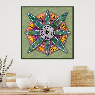 Mandala 8 green Flower petals on olive Poster