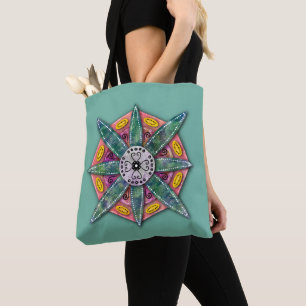 Mandala 8 green petals Flower on Teal -  Tote Bag