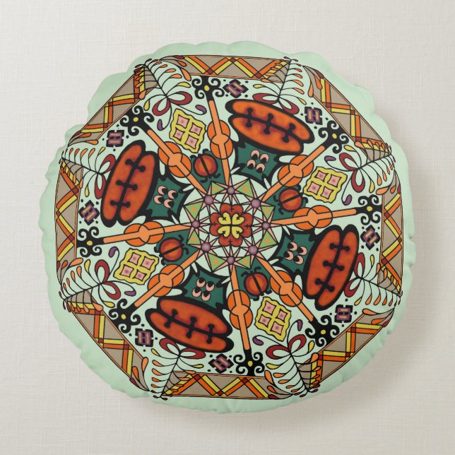 Mandala Adinkra Floor Pillow Cushion - Lt Green (Front)