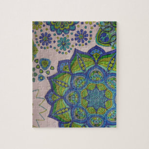 Mandala and Flowers in Aqua, Blues and Greens Jigsaw Puzzle
