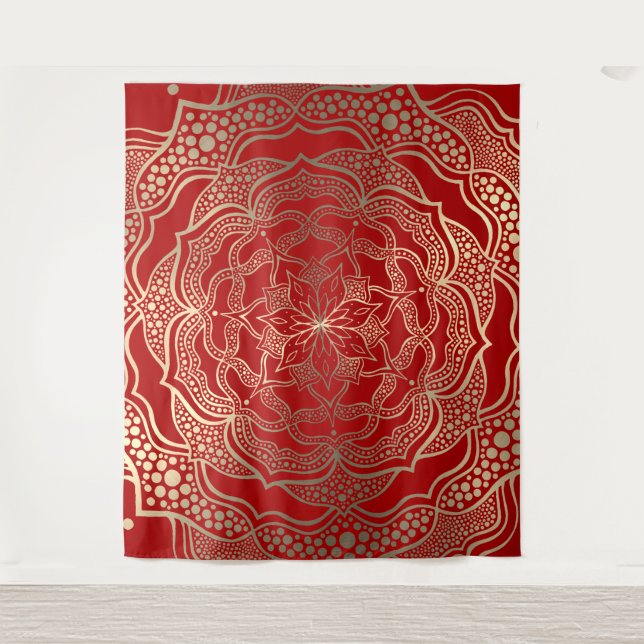 Mandala Art Boho Chic Elegant Gold Red Christmas Tapestry (Front)