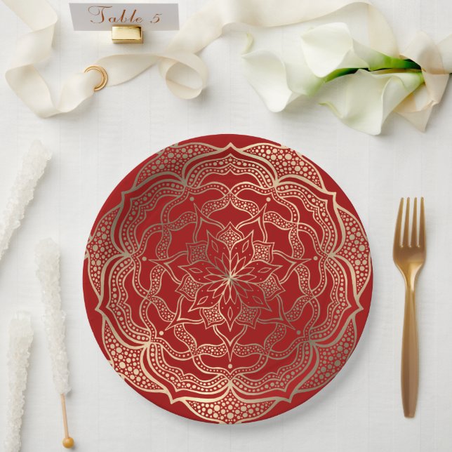  Mandala Art Boho Elegant Gold Dark Red Christmas Paper Plate (Wedding)