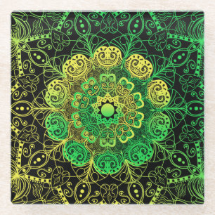Mandala Art: Green Yellow Detail. Glass Coaster