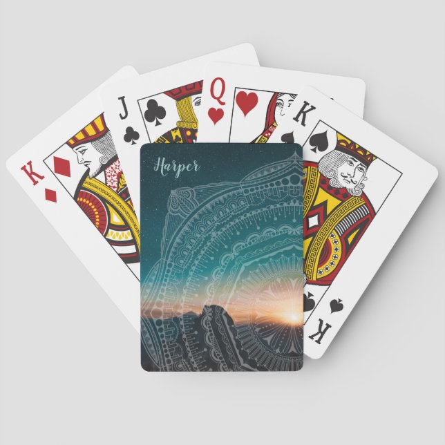 Mandala Art Sunset Starry Night Sky Zen Blue Playing Cards (Back)