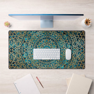  Mandala Art Zen Teal Blue And Gold Classy Elegant Desk Mat
