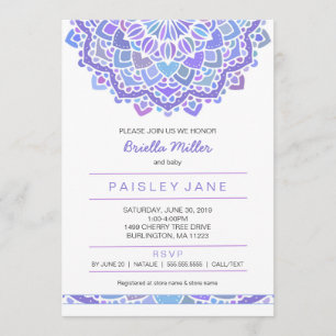 Mandala baby shower invite, girl purple boho invitation