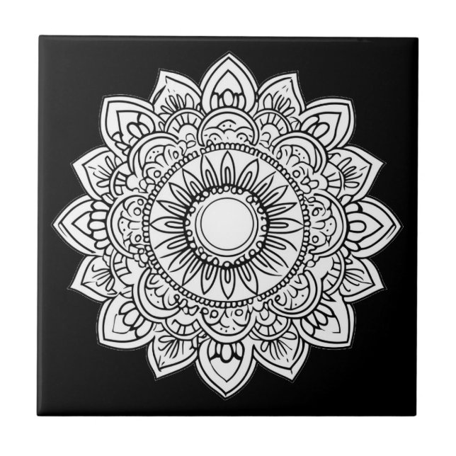Mandala Black and White Ceramic Tile (Front)
