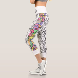 Mandala black and white+colourful stripes fun capri leggings