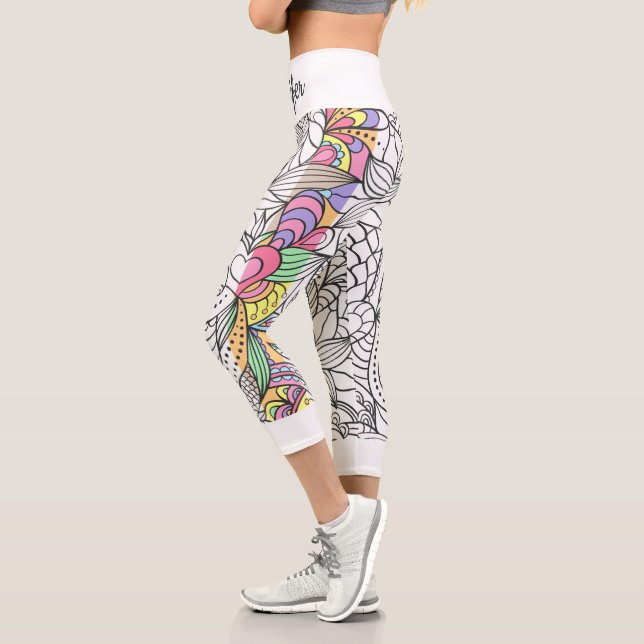 Mandala black and white+colourful stripes fun capri leggings (Left)
