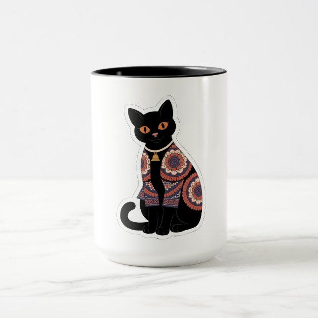 Mandala Black Cat Bell Collar Coffee Mug (Center)