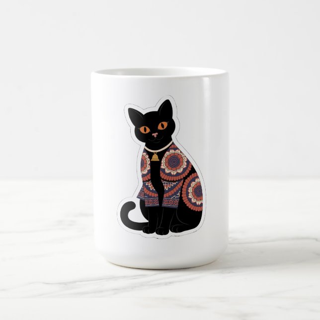 Mandala Black Cat Bell Collar Coffee Mug (Center)