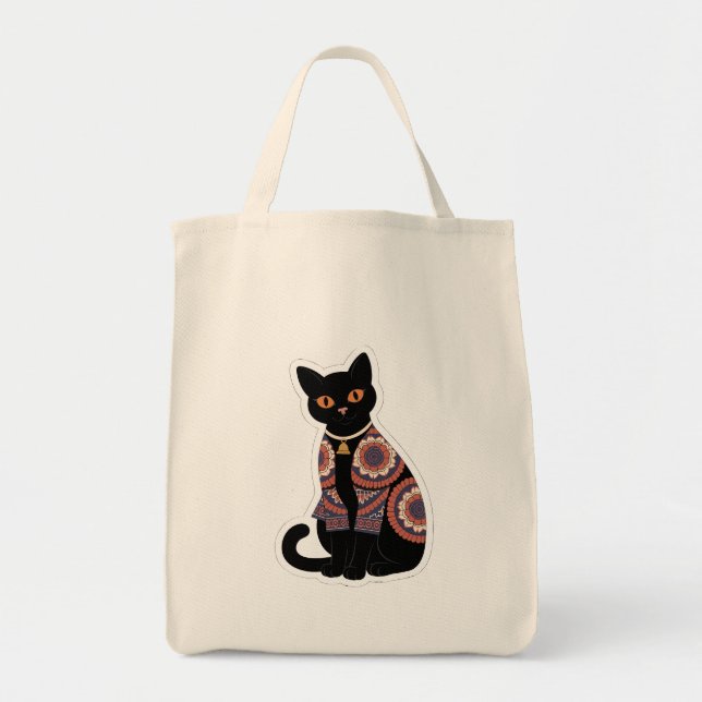 Mandala Black Cat Bell Collar Tote Bag (Front)