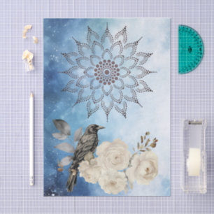 Mandala Black Raven White Flowers Blue Background Tissue Paper