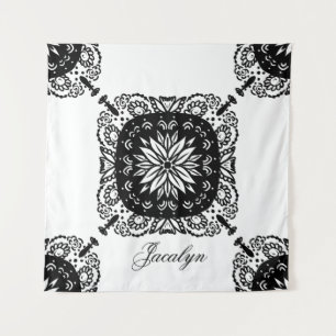 Mandala Black White  Floral Name Tapestry