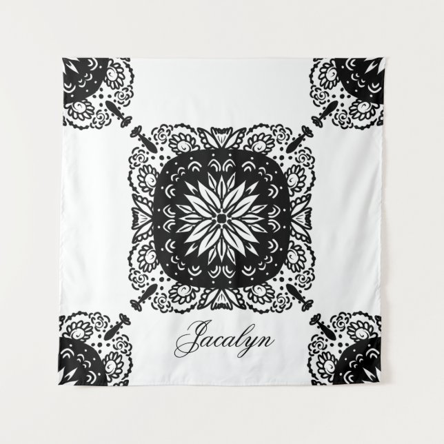 Mandala Black White  Floral Name Tapestry (Front)