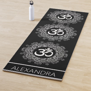 Mandala Black White Om Symbol Name Personalised Yoga Mat