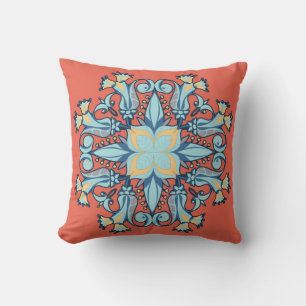 Mandala Bloom Pillow in Coral Red