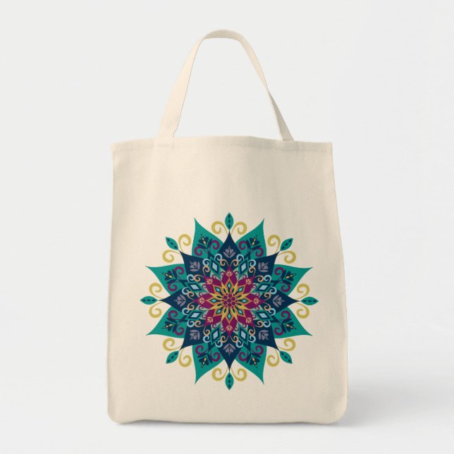 Mandala Bloom-Turquoise & Indigo Blue Tote Bag (Front)