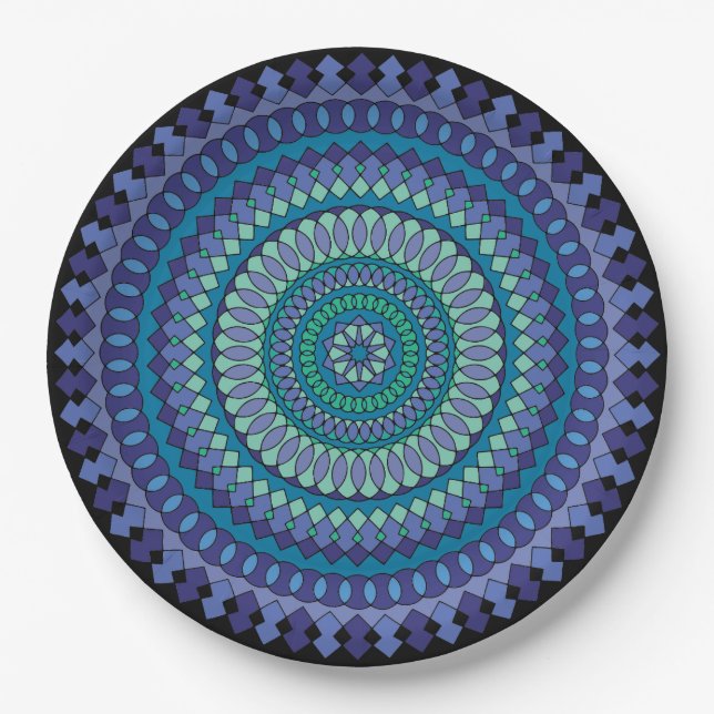 Mandala Blue and Green Party Paper Plates (Front)
