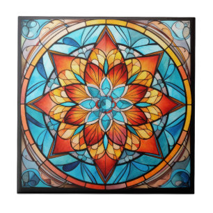Mandala Blue and Orange Ceramic Tile