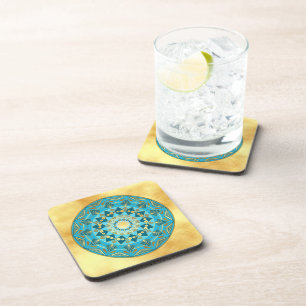 Mandala blue gold on Soft Gold Background Coaster