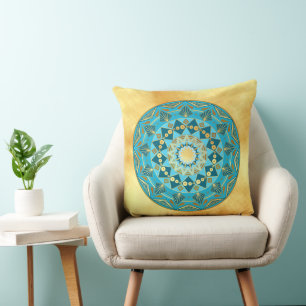 Mandala blue gold on Soft Gold Background Cushion