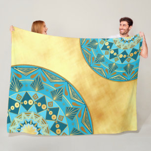 Mandala blue gold on Soft Gold Background Fleece Blanket