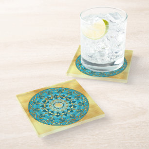 Mandala blue gold on Soft Gold Background Glass Coaster