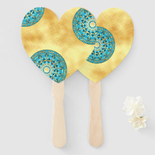 Mandala blue gold on Soft Gold Background Hand Fan