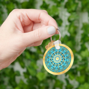 Mandala blue gold on Soft Gold Background Key Ring