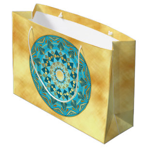 Mandala blue gold on Soft Gold Background Large Gift Bag