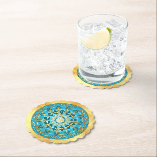 Mandala blue gold on Soft Gold Background Paper Coaster