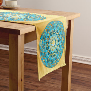 Mandala blue gold on Soft Gold Background Short Table Runner