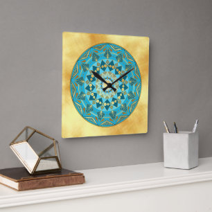 Mandala blue gold on Soft Gold Background Square Wall Clock