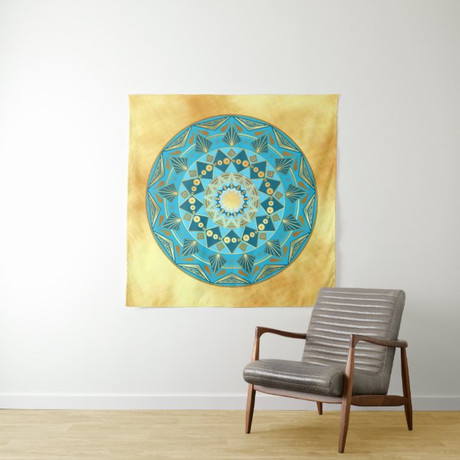 Mandala blue gold on Soft Gold Background Tapestry (In Situ)