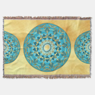 Mandala blue gold on Soft Gold Background Throw Blanket