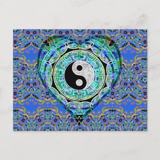 Mandala Blue Green Heart Yin Yang Postcard (Front)