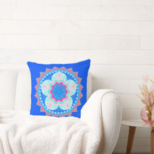 Mandala Blue Pink on Blue Background Cushion