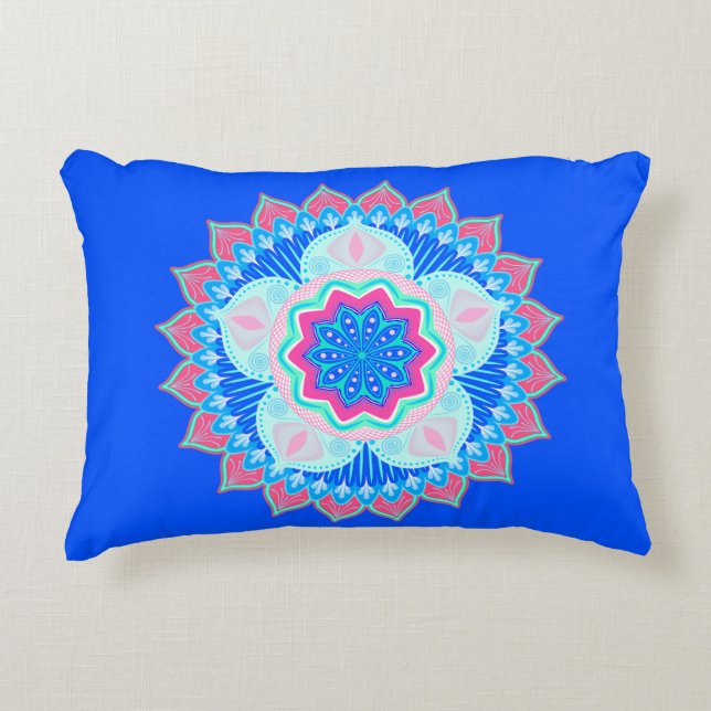 Mandala Blue Pink on Blue Background Decorative Cushion (Front)