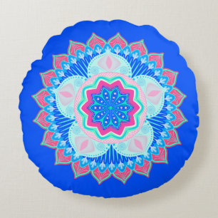 Mandala Blue Pink on Blue Background Round Cushion