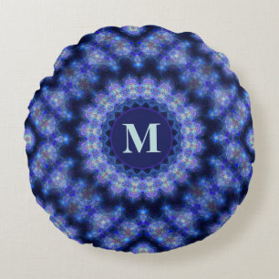 Mandala Blue Purple Circle Pattern Monogram Round Cushion