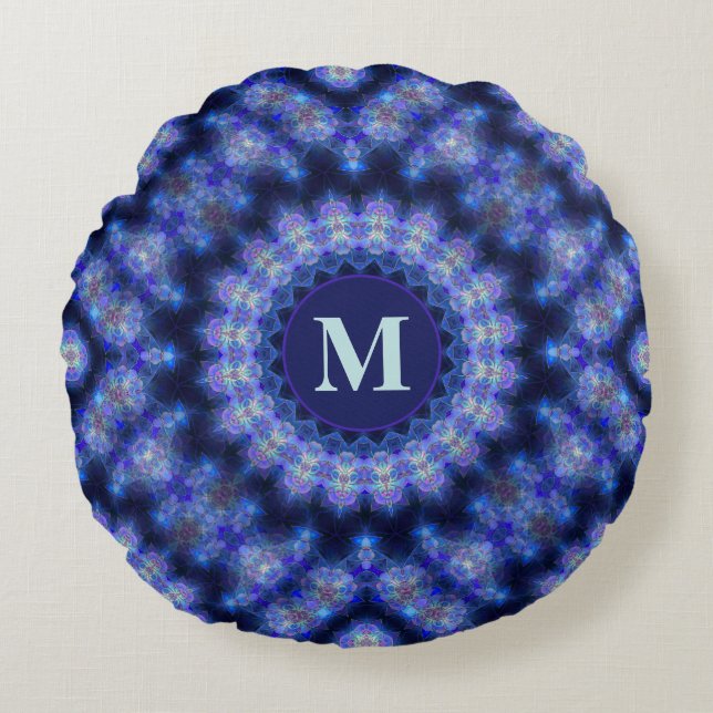 Mandala Blue Purple Circle Pattern Monogram Round Cushion (Front)